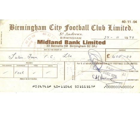 ORIGINAL 1979 BIRMINGHAM CITY CHEQUE TO LUTON TOWN
&nbsp;