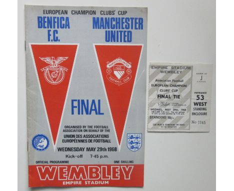 1968 EUROPEAN CUP FINAL MANCHESTER UNITED V BENFICA PROGRAMME AND TICKET
Slight mark on programme and slight fold to Ticket