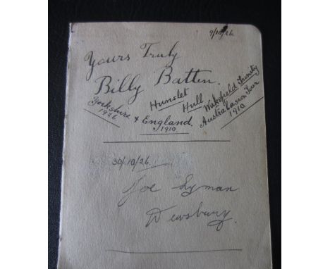 RUGBY LEAGUE - BILLY BATTEN AUTOGRAPH HUNSLET, HULL, WAKEFIELD, ENGLAND
Billy Batten original sinature dated 9-10-26 signed i