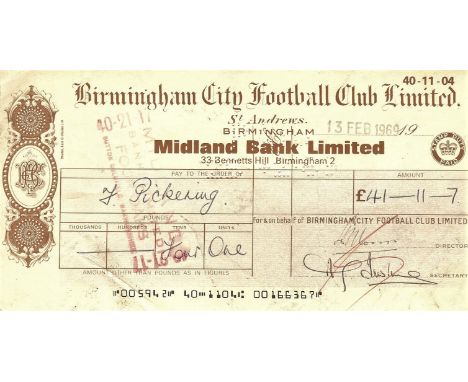&nbsp;ORIGINAL 1969 BIRMINGHAM CITY WAGES CHEQUE TO FRED PICKERING
&nbsp;