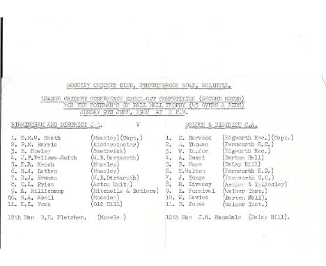 CRICKET - 1968 BIRMINGHAM &amp; DISTRICT LGE V BOLTON &amp; DISTRICT CA PLAYED AT MOSELEY CC&nbsp;
Single typed sheet listing