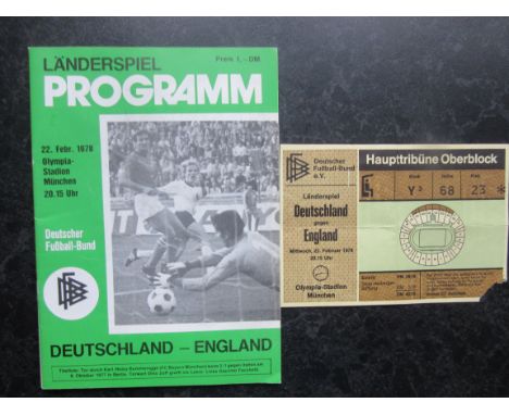 1978 WEST GERMANY V ENGLAND PROGRAMME &amp; TICKET
Ticket folded and torn at the corner on entry, programme good