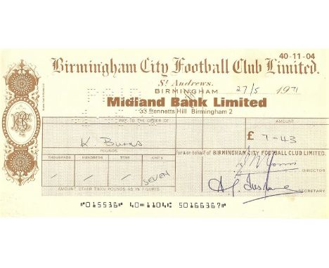 &nbsp;ORIGINAL 1971 BIRMINGHAM CITY WAGES CHEQUE TO KENNY BURNS
&nbsp;