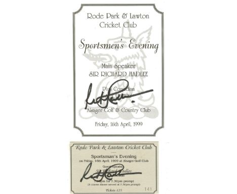 CRICKET - SIR RICHARD HADLEE NEW ZEALAND HAND SIGNED MENU AND TICKET
Both hand signed. 