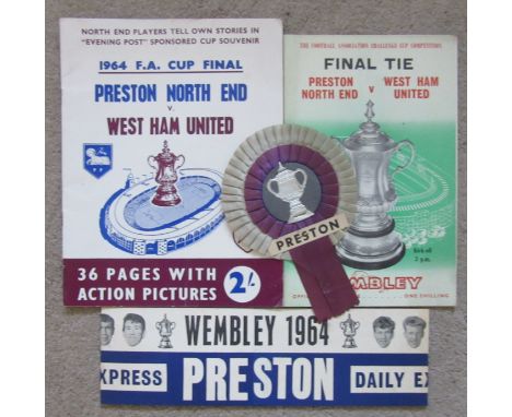 1964 FA CUP FINAL PRESTON V WEST HAM - PROGRAMME, PRESTON ROSETTE, PRESTON SOUVENIR BOOK &amp; CARD HAT
Nice lot of Preston m