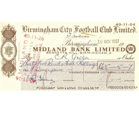 ORIGINAL 1967 BIRMINGHAM CITY WAGES CHEQUE TO COLIN GREEN
&nbsp;