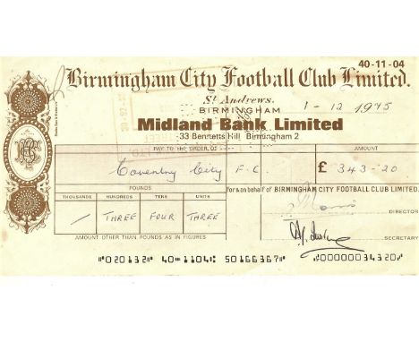 &nbsp;ORIGINAL 1975 BIRMINGHAM CITY CHEQUE TO COVENTRY CITY
&nbsp;