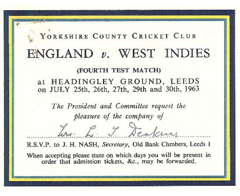 CRICKET - 1963 ENGLAND V WEST INDIES @ HEADINGLEY YORKSHIRE VIP TICKET&nbsp;
Issued by Yorkshire C.C.C.