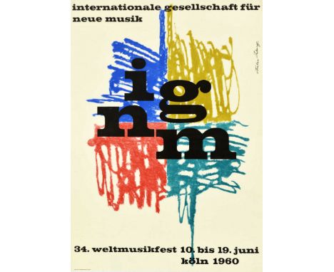 Original vintage advertising poster for a contemporary classic music event - IGNM International Society For New Music 34th Wo