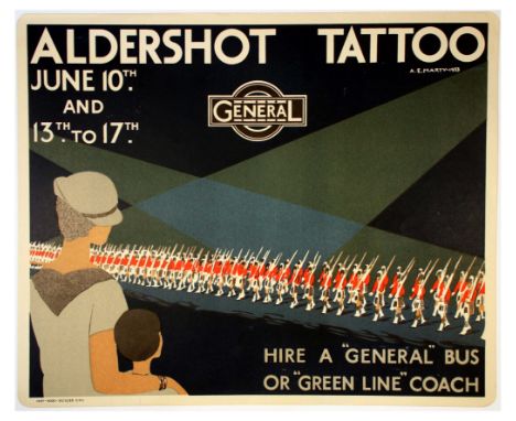 Original vintage London Transport poster advertising Aldershot Tattoo that took place on June 10 and JUNE 13 to 17 1933 - Des