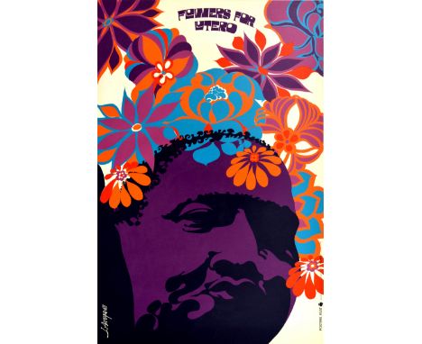 Original vintage memorial poster - Flowers For Lutero - featuring a colourful flower power pop art style image to commemorate