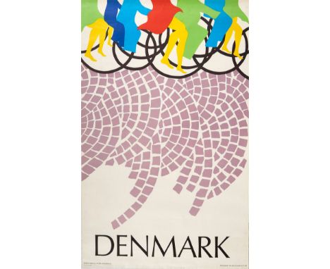 Original vintage travel poster for Denmark featuring a colourful mid-century graphic design depicting a stylised image of cyc
