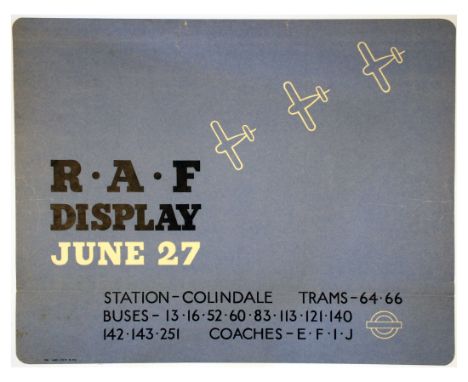 Original vintage London Transport poster for an RAF Display that took place on June 27 1936. Design features simple plane gra