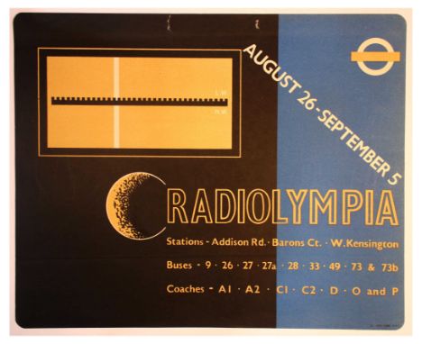 Original vintage London Transport poster for Radiolympia radio show exhibition that took place from August 26 to September 5.