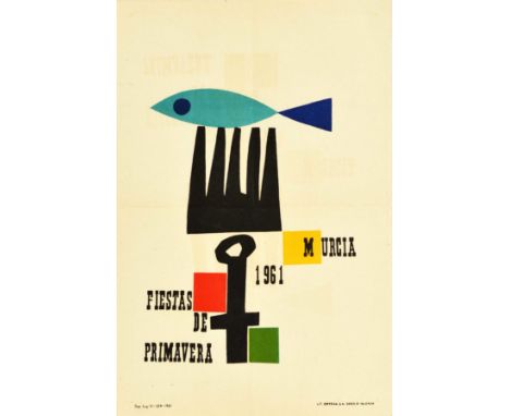 Original vintage advertising poster for Fiestas de Primavera 1961 in Murcia, featuring an illustration of a blue fish on a fo