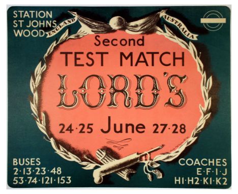 Original vintage London Transport poster for the Second Test Match at Lords between England and Australia that took place on 