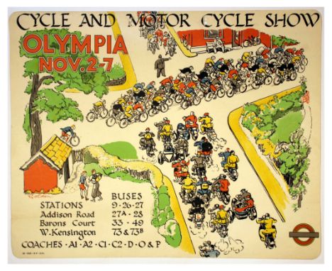 Original vintage London Transport poster for the Cycle and Motor Cycle Show that took place from 2nd to 7th November 1936 at 
