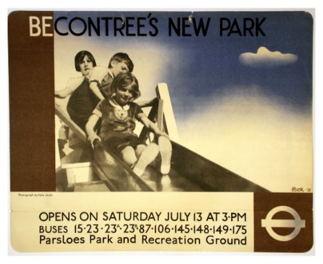 Original vintage London Transport poster for the Becontree’s New Park. Design by Richard Beck (1912-1985), photograph by Kate