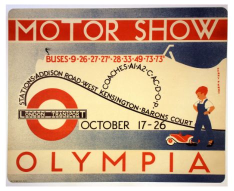 Original vintage London Transport poster for the Motor Show that took place from 17 to 26 October 1935 in Olympia. Art Deco d