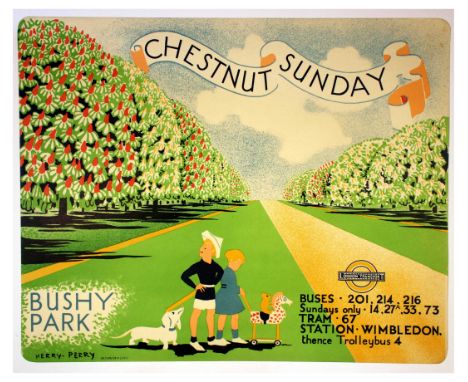 Original vintage London Transport poster for Chestnut Sunday Bushy Park. Design by Heather Perry known as Herry Perry (1897-1