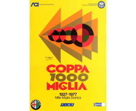 Original vintage sport event poster published for the 50th anniversary and revival of the legendary Mille Miglia open road en