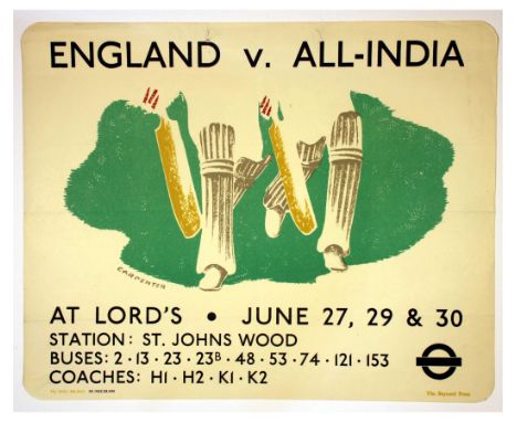 Original vintage London Transport poster for the England v. All-India cricket game at Lord’s that took place on June 27, 29 &