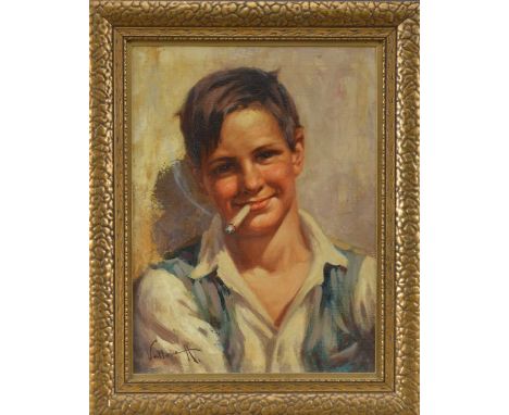 Antonio Vallone, a portrait of a boy smoking, oil on canvas (pierced canvas), signed lower left, framed, frame size 50cm x 40
