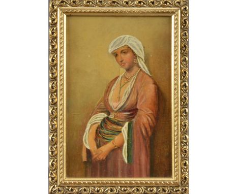 Portrait of a lady, oil on board, framed, frame size 28cm x 19.5cm