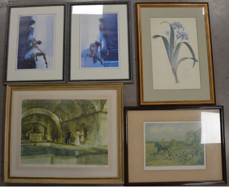 A collection of prints, including a signed example by Russell Flint, 63.5cm x 77cm, two of Ballerinas, a hunting scene and an