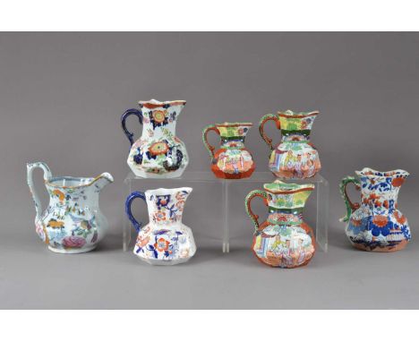 A collection of Masons ceramic jugs, of differing sizes and designs, marked to the undersides, sizes ranging from 16cm to 11c