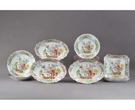 A collection of Copeland Spode ceramic dinner wares, all with the same Peacock design, comprising two soup bowls, 24cm diamet