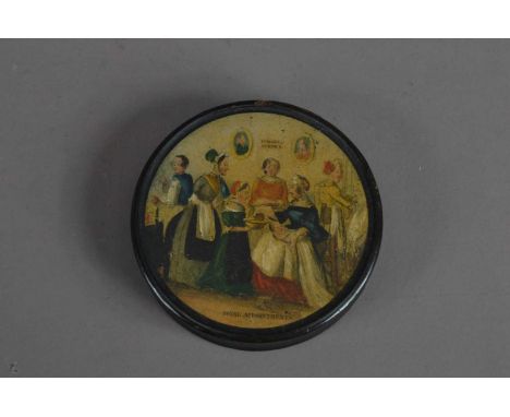 A 19th century ebonised wood patch box, the cover with an applied coloured print titled; Royal Appointments, depicting nurses