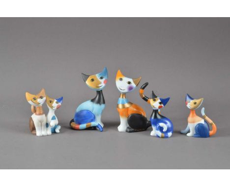 Rosina Wachtmeister for Goebel, five ceramic cats, the largest two 11cm high, with different multi-coloured design, all marke