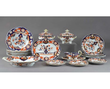 A Masons ceramic part dinner service, comprising two small vegetable tureens and covers (one with a broken handle), meat plat