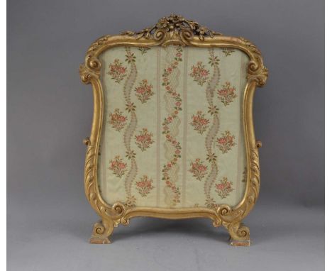 A worn gilt gesso fire screen, with a floral needlework pattern, the back damaged, AF, 72cm x 56cm