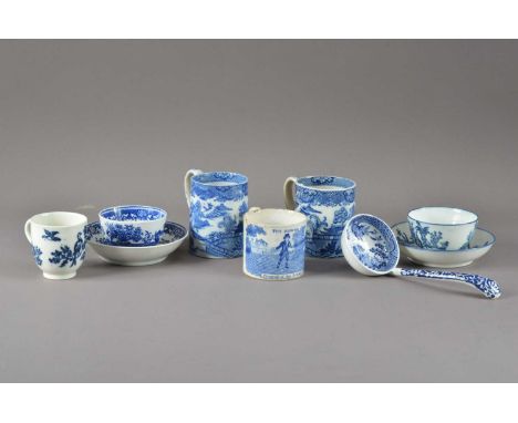 A collection of late 18th century and later English blue and white transferware ceramics, comprising a Worcester pearlware te