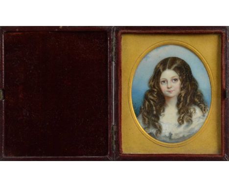 A late 19th century portrait miniature on ivory of a girl, oval shape, mounted within a leatherette case, the miniature measu