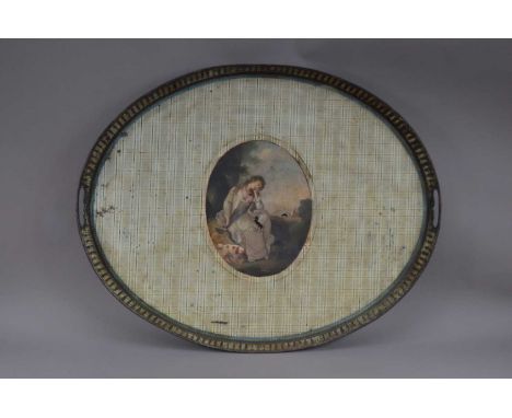 A large 19th century twin handled tole piente tray, painted design, central oval panel depicting a women and a dog, some rust