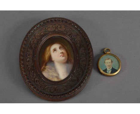 A portrait of a lady on  oval ceramic tile, in a carved wooden frame, frame size 13cm x 11.5cm, together with a painted print