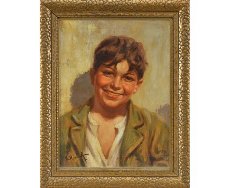 Antonio Vallone, a portrait of a smiling boy, oil on canvas, signed lower left, framed, frame size 50cm x 40cm