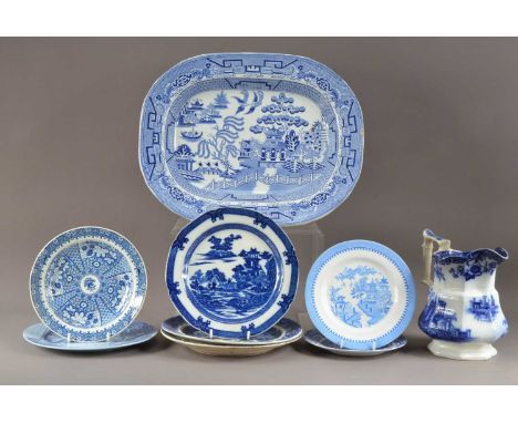 A collection of 19th century and later blue and white English ceramics, comprising a large Willow pattern meat platter (two h