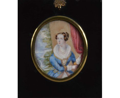 A 19th century Portrait miniature on ivory of a  young lady by a window, oval in shape, in an ebonised frame with acorn loop 