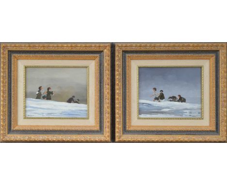 AR AR Brian Shields 'Braaq' (British, 1951-1997), a pair of works, children playing in the snow, oil on boards, both signed B