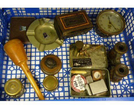 A Smiths dashboard car clock; two travelling inkwells; small pair of opera glasses and other collectable items