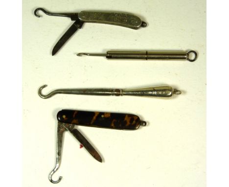 A small silver cased folding button hook/knife; a telescopic button hook and two others (4)