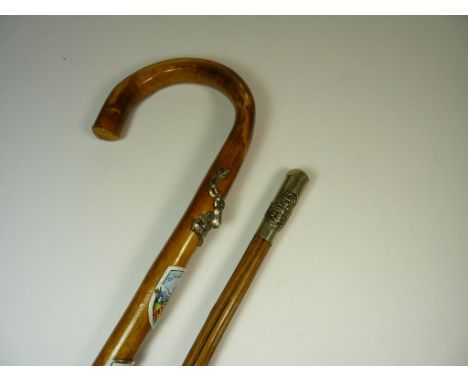 Cambridge University Regiment swagger stick with white metal embossed finial and original brass ferulle, 69cms long together 