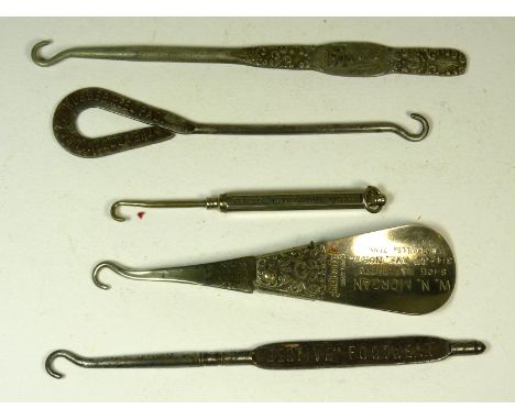 Five "advertising" button hooks including "Bristol Hippodrome"; Geo Smith & Co Stourbridge and a folding combined button hook