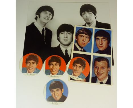 Four colour printed card discs, each a head and shoulders portrait (3 of John Lennon and 1 Paul McCartney); Mirabelle Pop Sou