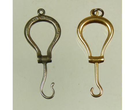 A small folding gold button hook with white metal suspension loop (unmarked, tests as gold) together with a similar, smaller 