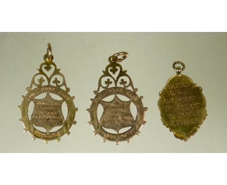 Avon Road Club - three 9ct gold medallions awarded to J Poole 1928/9, 10.3g